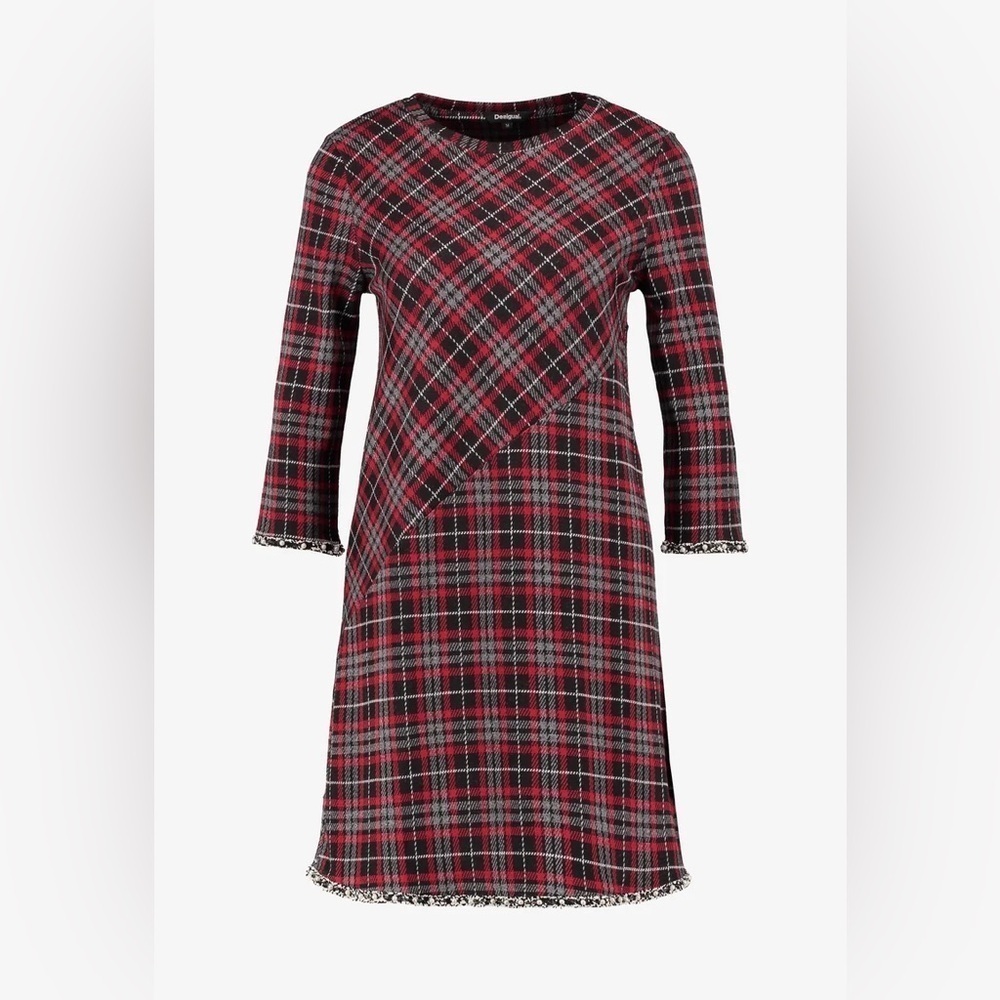 Desigual Women Crew Neck Short Sleeve Embellished A-Line Plaid Loverpool Dress S